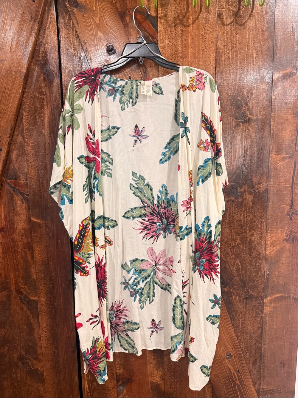 Japan Cream Floral Kimono with Green Leaves and Pink Accents